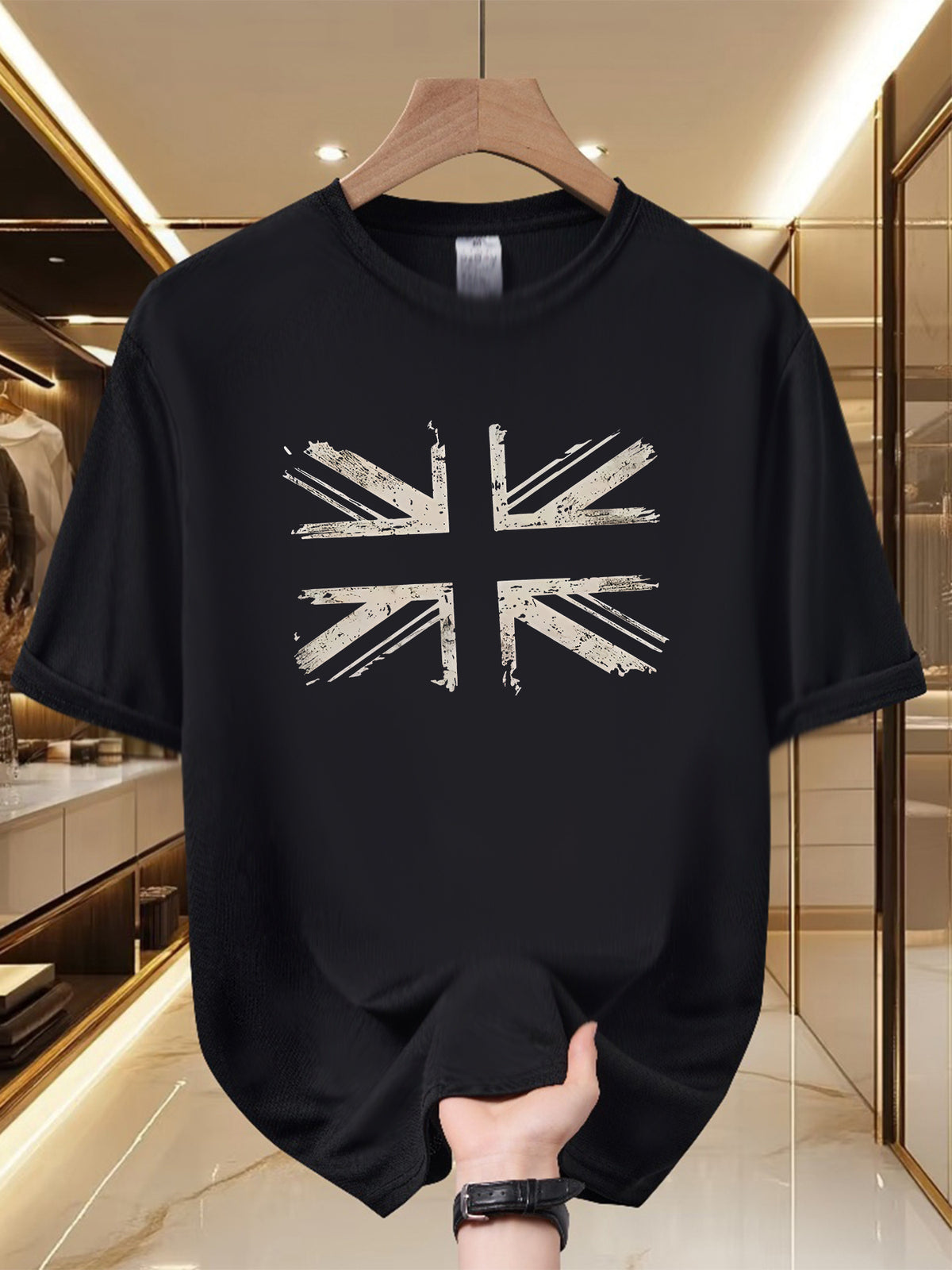 Men'S Urban Bold British Flag Round Neck T-Shirt - Retro Grunge Style, Comfortable And Breathable - Black