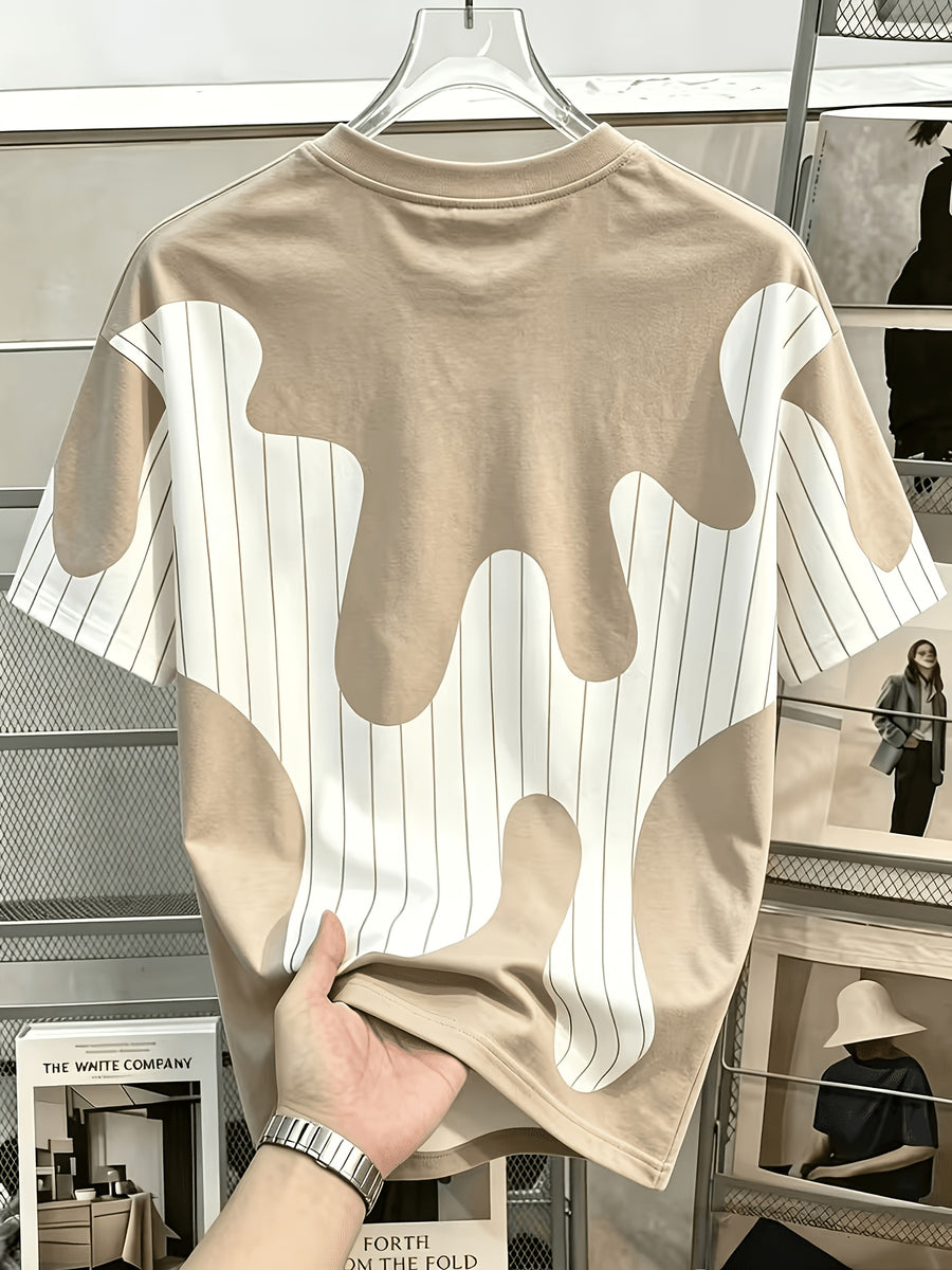 Men'S Casual Round Neck T-Shirt, Geometric Pattern Patchwork Striped Design, "Chicago" Word Pattern, Drapey Fashion Top, All-Season Wear, Breathable Regular Fit for Casual And Formal Outfits - Round Neck Casual Top, Comfortable Wear - Khaki