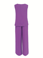 Women's Casual 2pcs Set Solid Color Loose Sleeveless V-Neck Tank Top + Wide-Leg Pants - Purple