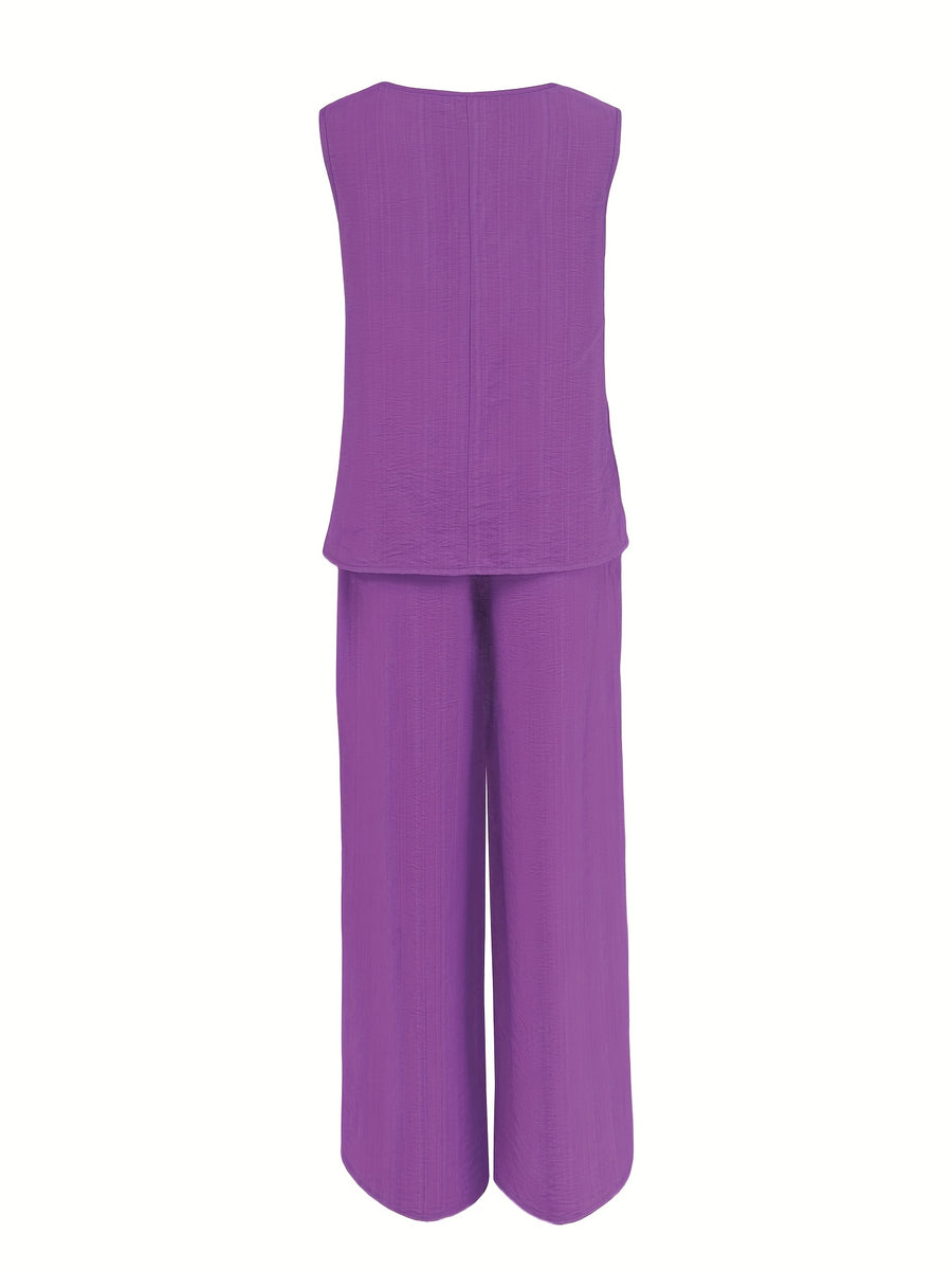 Women's Casual 2pcs Set Solid Color Loose Sleeveless V-Neck Tank Top + Wide-Leg Pants - Purple