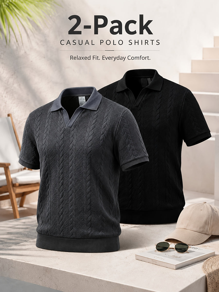 2pcs Men's Summer Jacquard Ribbed Lapel Loose Fit T-Shirt Golf Casual Business Versatile Knit Short Sleeve Polo Shirt - Dark Grey+Black