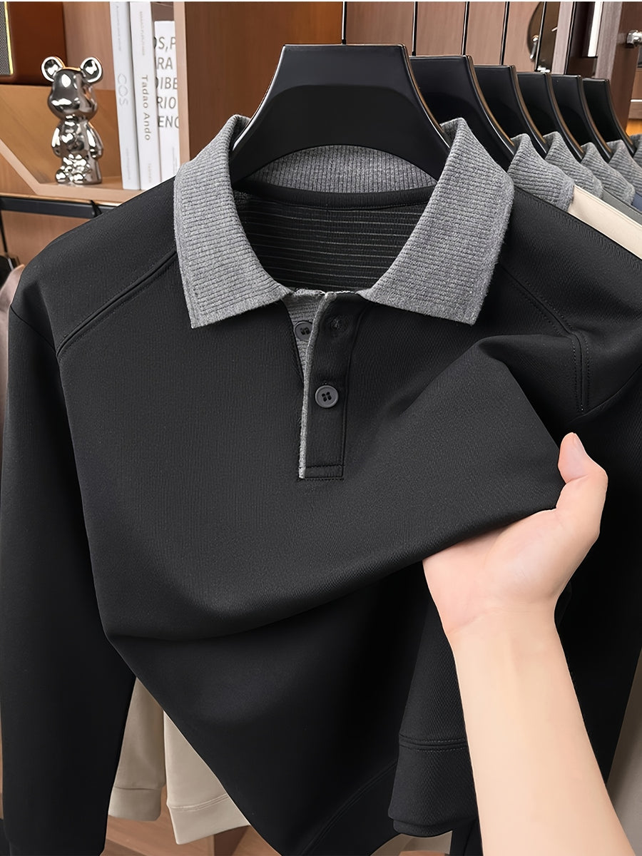 Autumn Contrast Collar Long Sleeve Polo Shirt, Men'S Drop Shoulder Knit Pullover, Spring Autumn Business Casual Base Layer Top, Loose Patchwork Collar T-Shirt, Casual Fishing Top - Black
