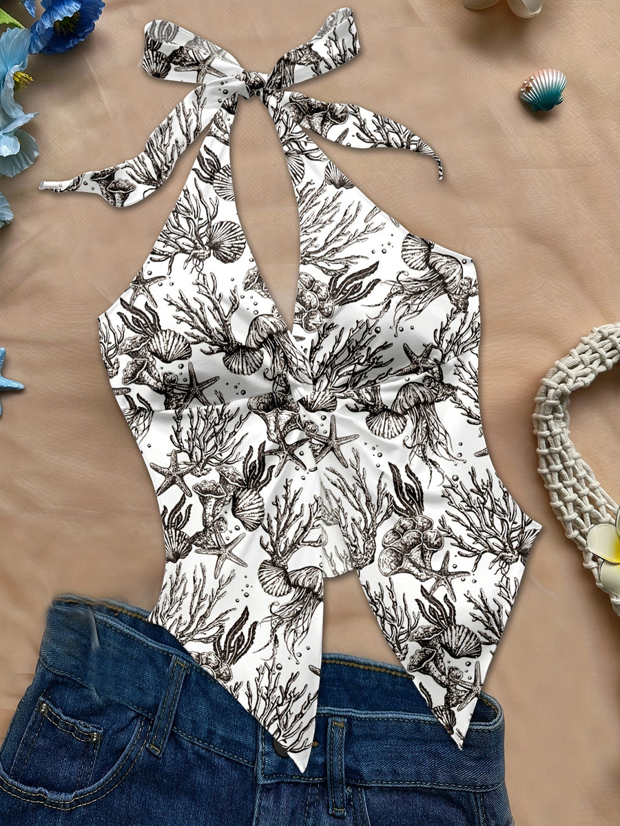 Women'S Spring/Summer Fall Boho Beach Vacation Outfits Marine Floral Leopard Print Trim Bustier Slim Fit Camisole Halter Top, Y2K Vintage Concert Outfit - Black
