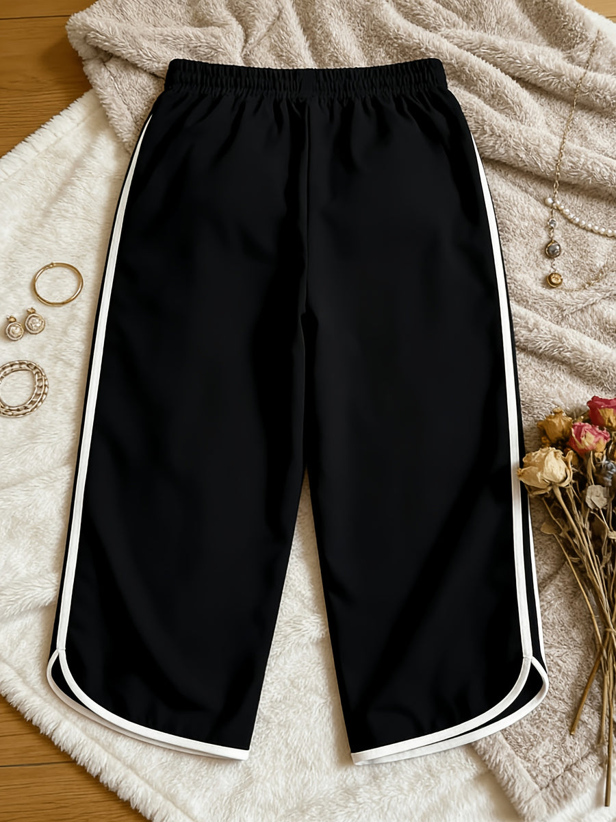 Women'S Pants, Easy Lazy Style American Retro Capri Pants, Elastic Waist Drawstring Design, Loose Contrast Trim Capri Pants, Comfortable Home Casual Trousers - Black
