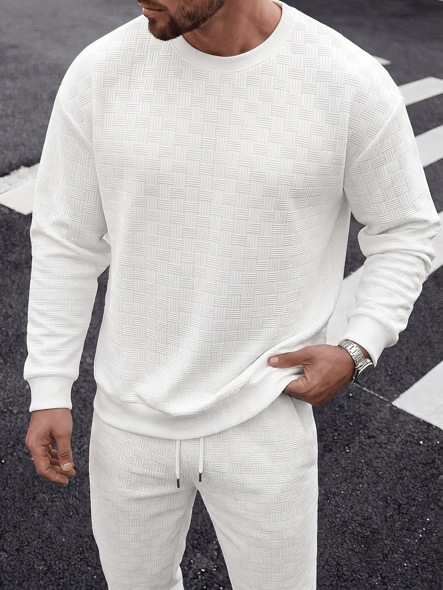Men's Long Sleeve Sweatshirt, Autumn/Winter Loose Fit Textured Jacquard Ribbed Collar Knit Pullover, Men's Crew Neck Knitwear T-Shirt, Casual Fashion Sport Top - White