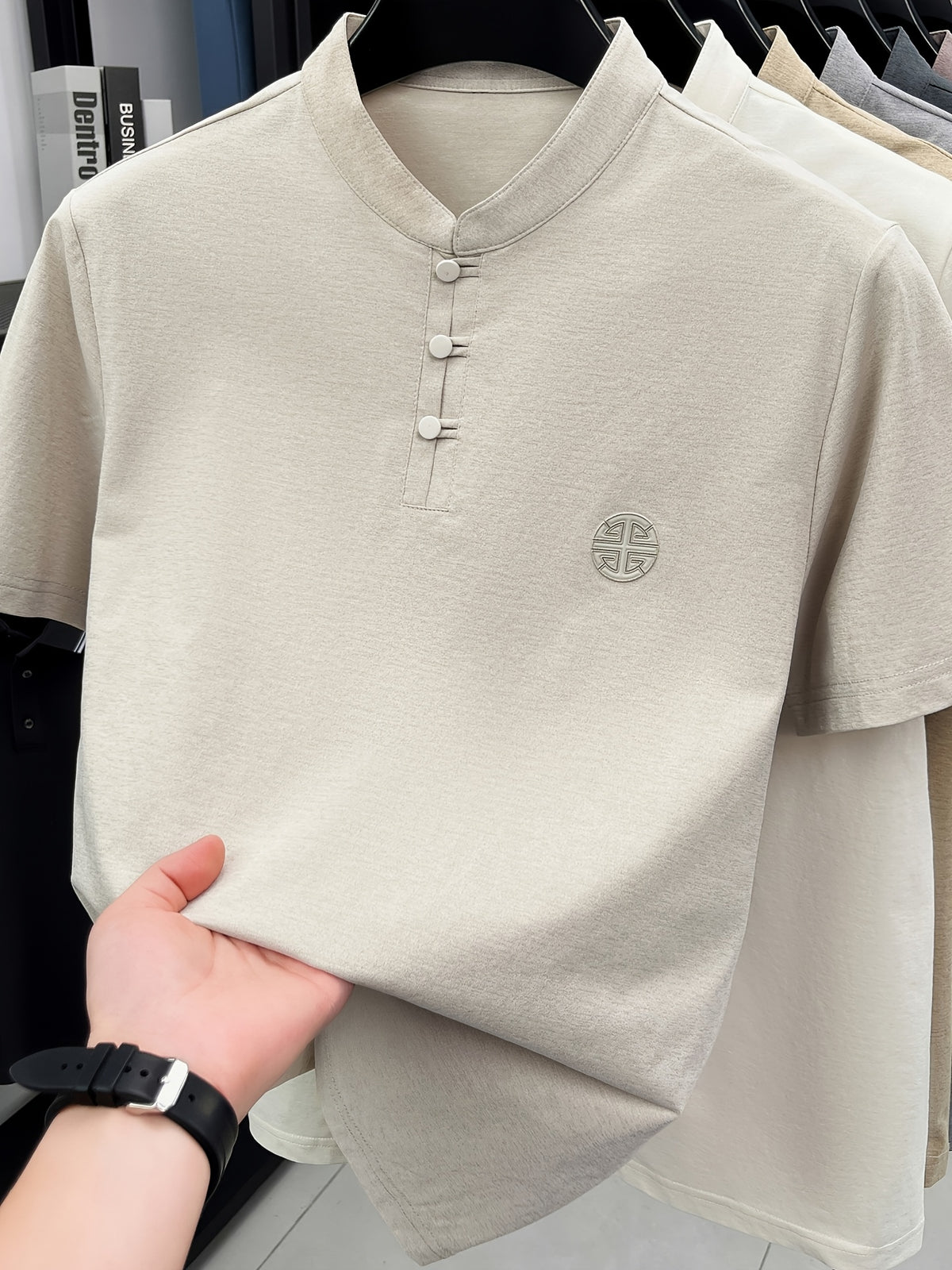 New Summer Chinese Hero Ancient Style Three-Button Access Control Short-Sleeve Men's T-Shirt, Stylish Casual Novelty Men's Top, Refreshing Quick-Drying, Durable and Skin-Friendly Apparel JC8912 - Apricot