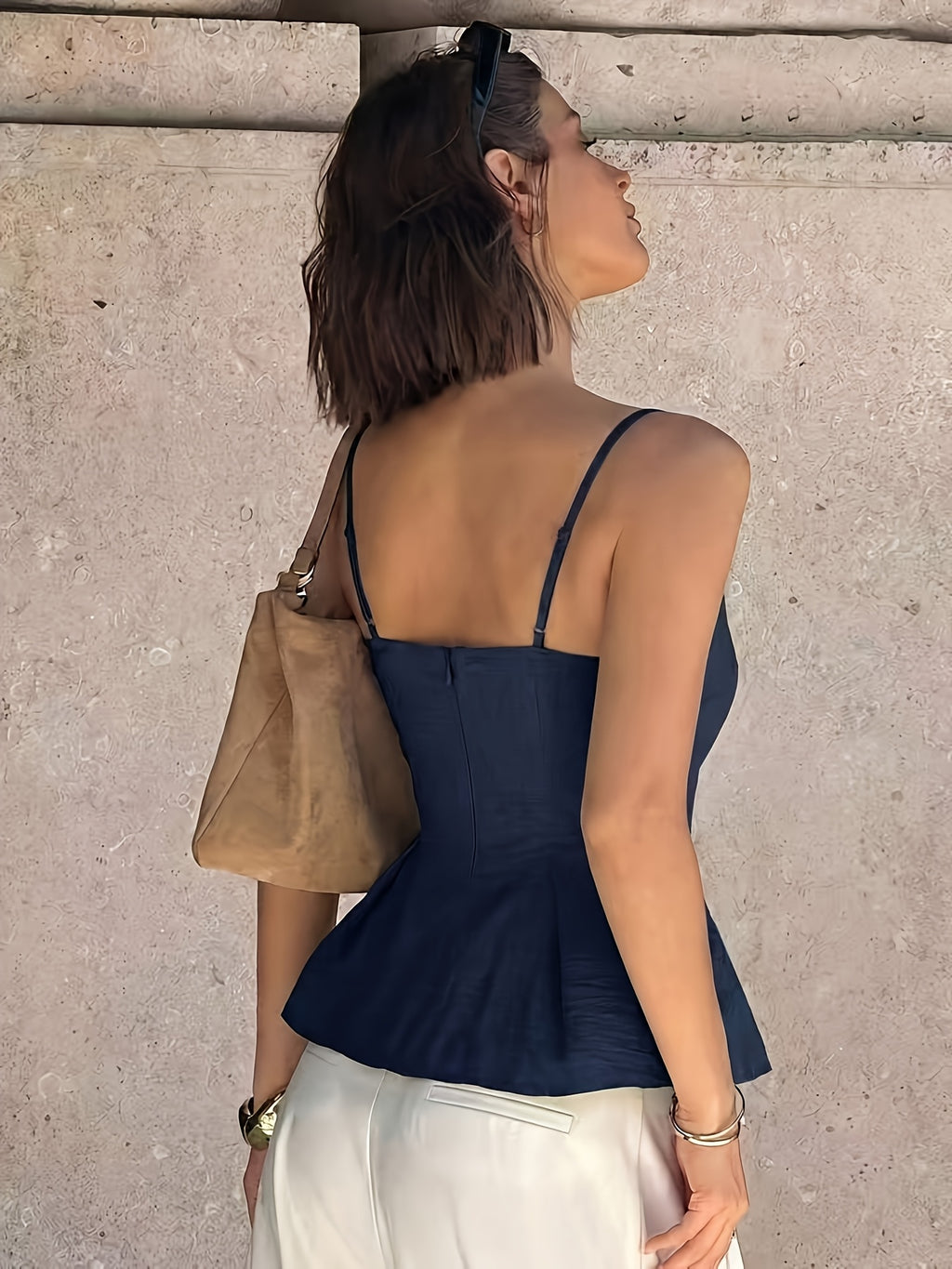 Lace-trimmed Solid Color Spaghetti Strap Top - Navy Color