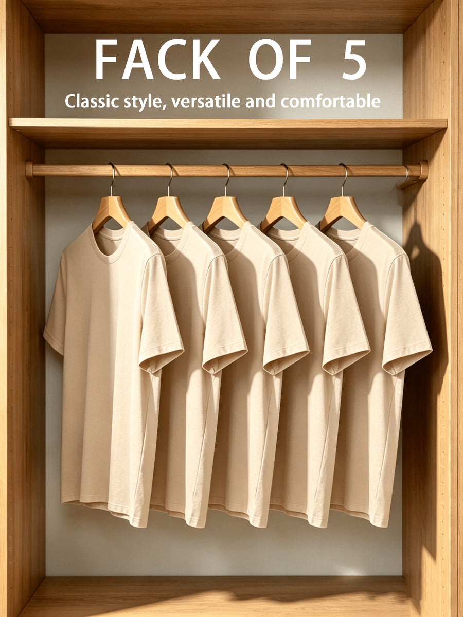 5pcs Set, 5pcs, Solid Color Round-Neck Fashionable Easy Slim-Fit Loose Short-Sleeve T-Shirt, Summer/Spring Women'S 5pcs Top Set, Available in Small Or - Apricot