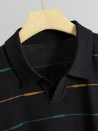Men'S Contrast Narrow Stripe V-Neck Polo Knit Short Sleeve Summer Ice Fiber Fabric Slim Fit Breathable Top, Lightly Mature Commuter Textured Lapel Base Layer, Easy Versatile Casual Men'S Knit Polo Shirt - Black
