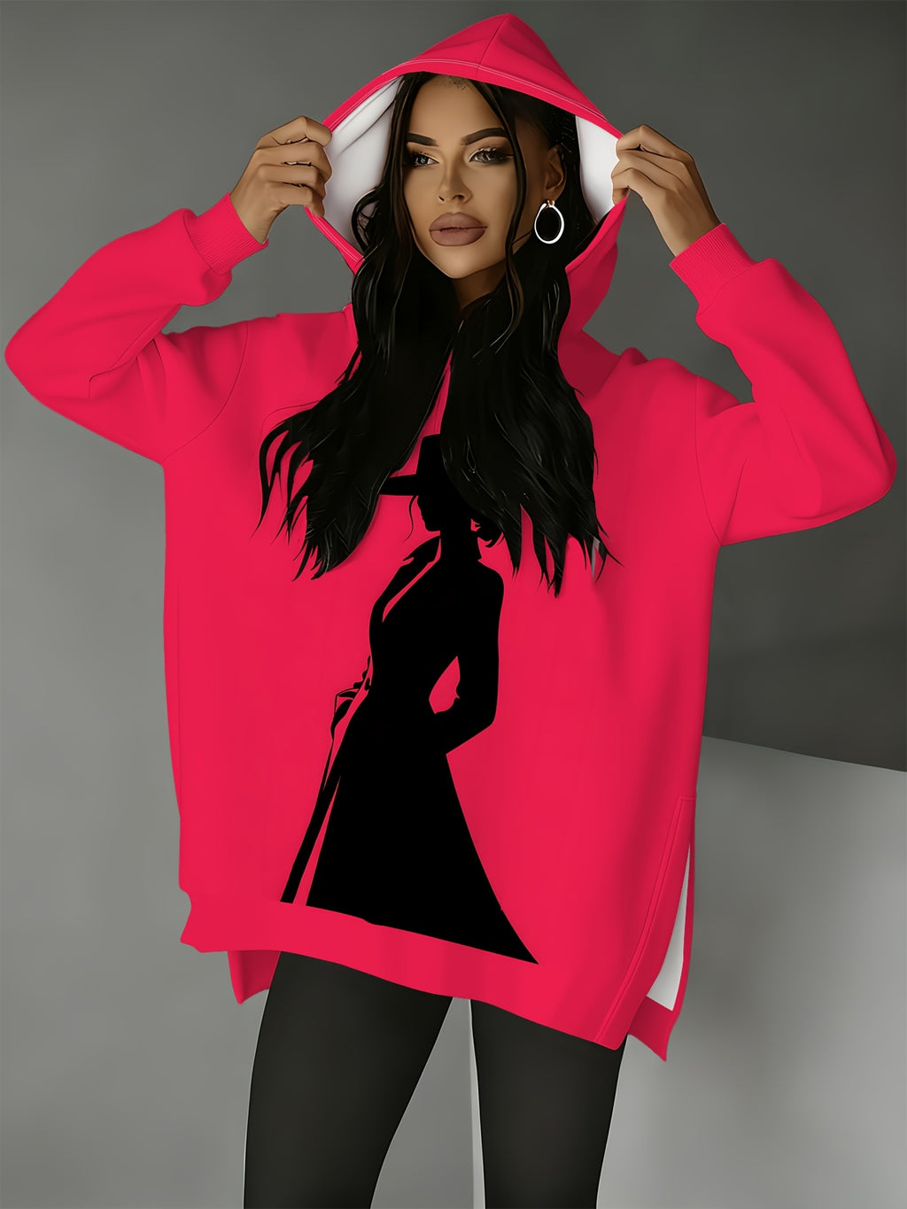 Fashionable Women'S Hooded Sweatshirt with Side Slit Design, Suitable for Autumn And Winter, Perfect for Casual Wear, Cool And Edgy Women'S Silhouette Pattern Top, High-Saturation Bright Background, Full of Presence, Stylish And Eye-Catching - Mixed colors