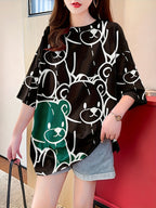 Summer New Large Size Loose Fashion Trend Slim Cartoon Round Neck Print Ladies Women'S Medium And Long Short-Sleeved T-Shirt Clothes - Black