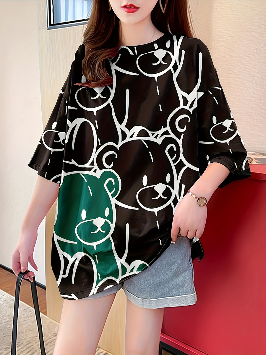 Summer New Large Size Loose Fashion Trend Slim Cartoon Round Neck Print Ladies Women'S Medium And Long Short-Sleeved T-Shirt Clothes - Black