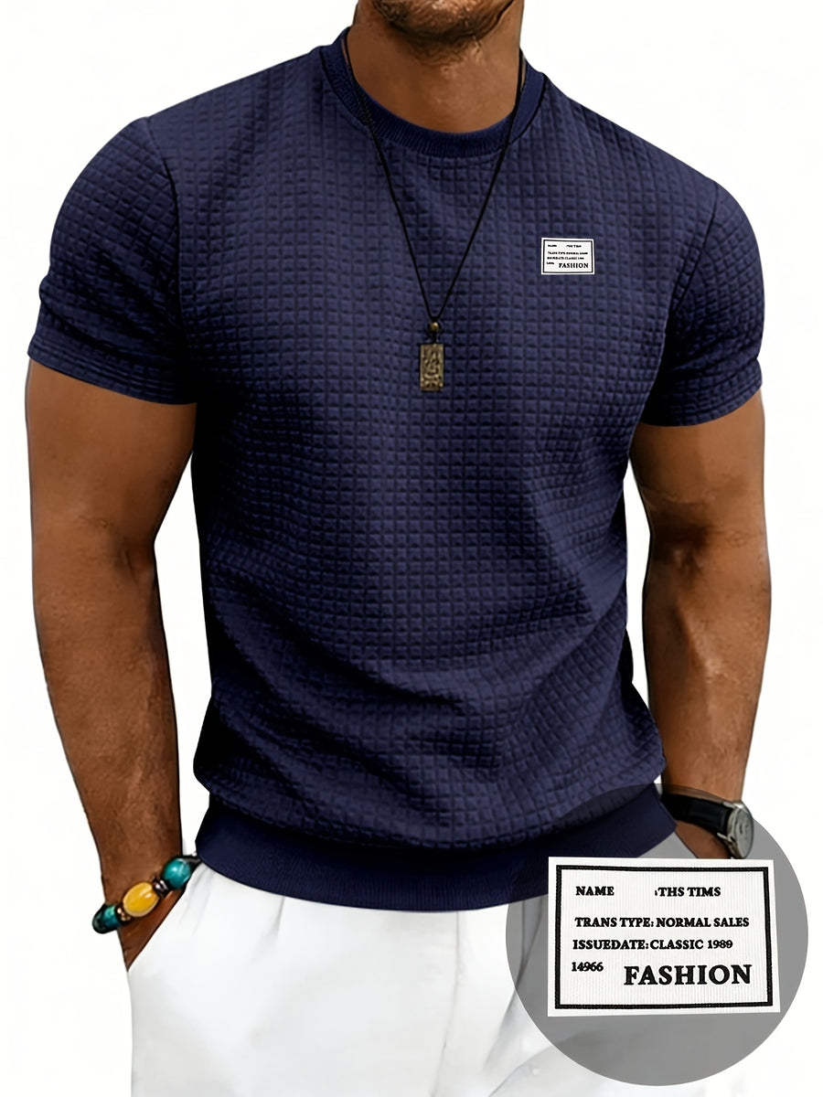 Men'S Waffle Knit T-Shirt, a Short Sleeve Crew Neck Casual Summer Top Featuring Premium Handcrafted Fashion Labeling. Made from Textured, Breathable Fabric with a Soft And Lightweight Feel, Offering a Comfortable Slim-Fit Design - Navy Color
