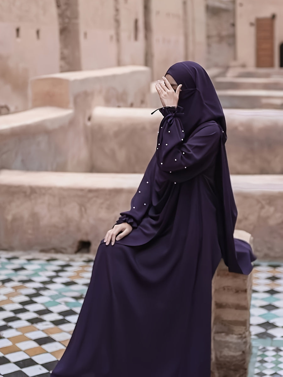 Middle Eastern Solid Color Women'S Robe with Pearl Sleeves Dress And Long Scarf 2pcs Set, Ideal for Women'S Daily Wear, Travel, And Ramadan - Deep Purple