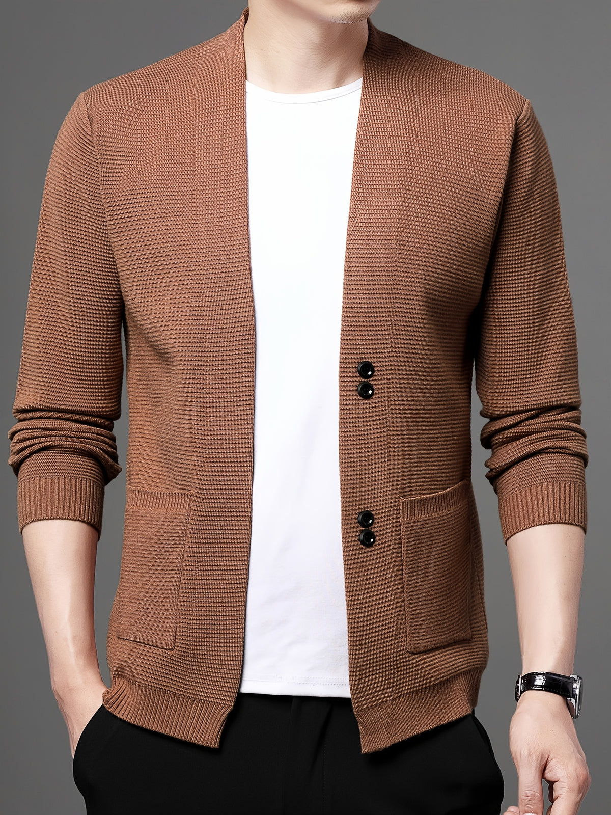 [Wading Whale OBM] Spring/Summer New Men'S Knit Cardigan, Old Money Style Solid Color V-Neck Long Sleeve Open Front Sweater Jacket with Single Button Closure And Side Pockets, Suitable for Spring And Autumn Layering Or Outerwear - Rust