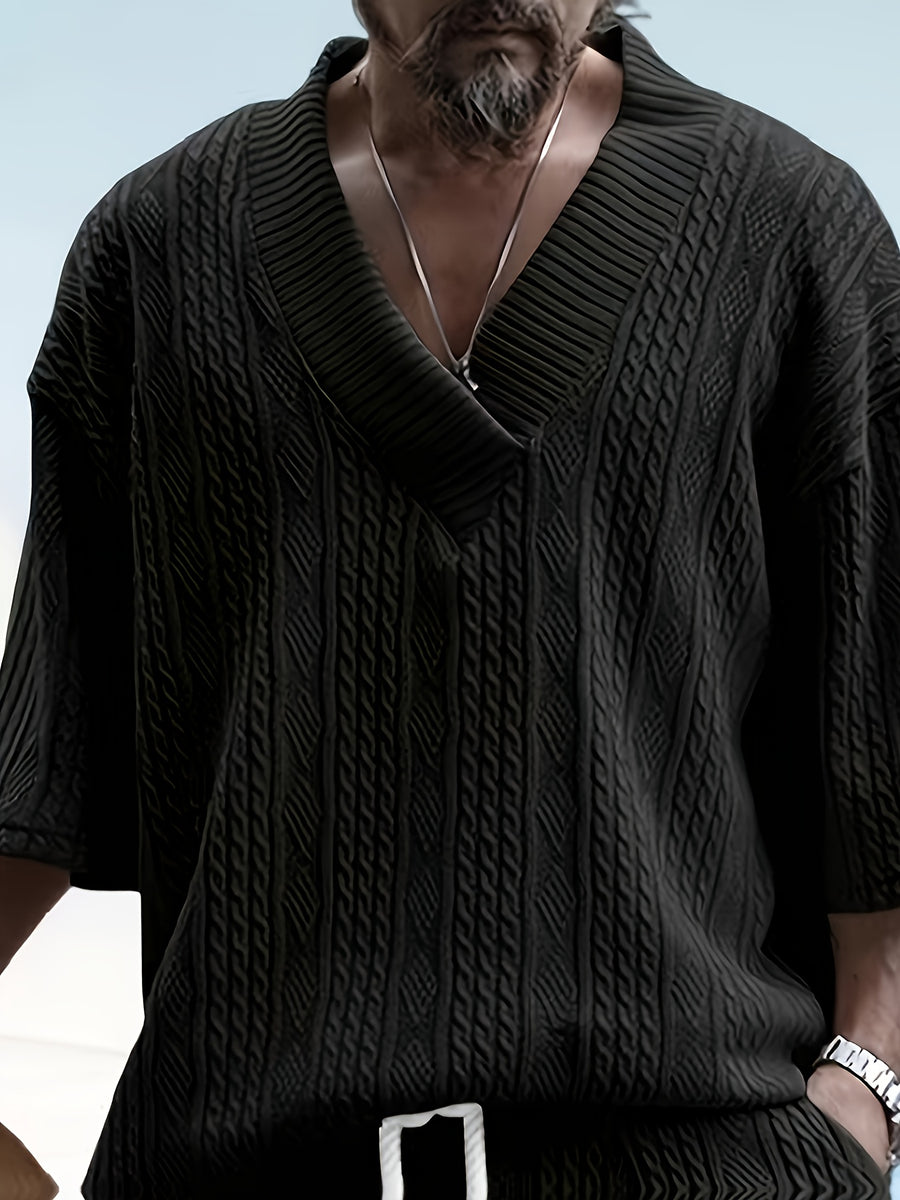 Men's Casual and Comfortable Outdoor Daily Sports Simple and Fashionable Youth High-quality Handsome American Versatile Knitted T-shirt Men's Summer Loose V-neck Sports Solid Color T-shirt Men - Black