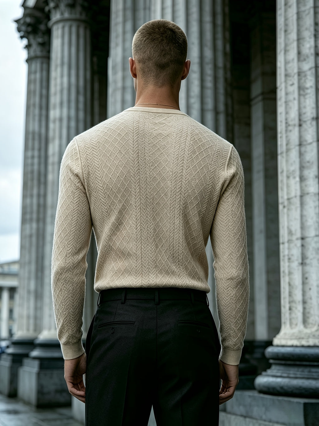 Joshmei OBM Black Friday Men's Dark Gray Geometric Knit Henley Neck Top, Diamond Weave Jacquard Pattern, Refined Casual Style, Autumn/Winter Slim Fit Long Sleeve Pullover, Suitable for Daily Commuting, Streetwear, and Weekend Gatherings - Khaki