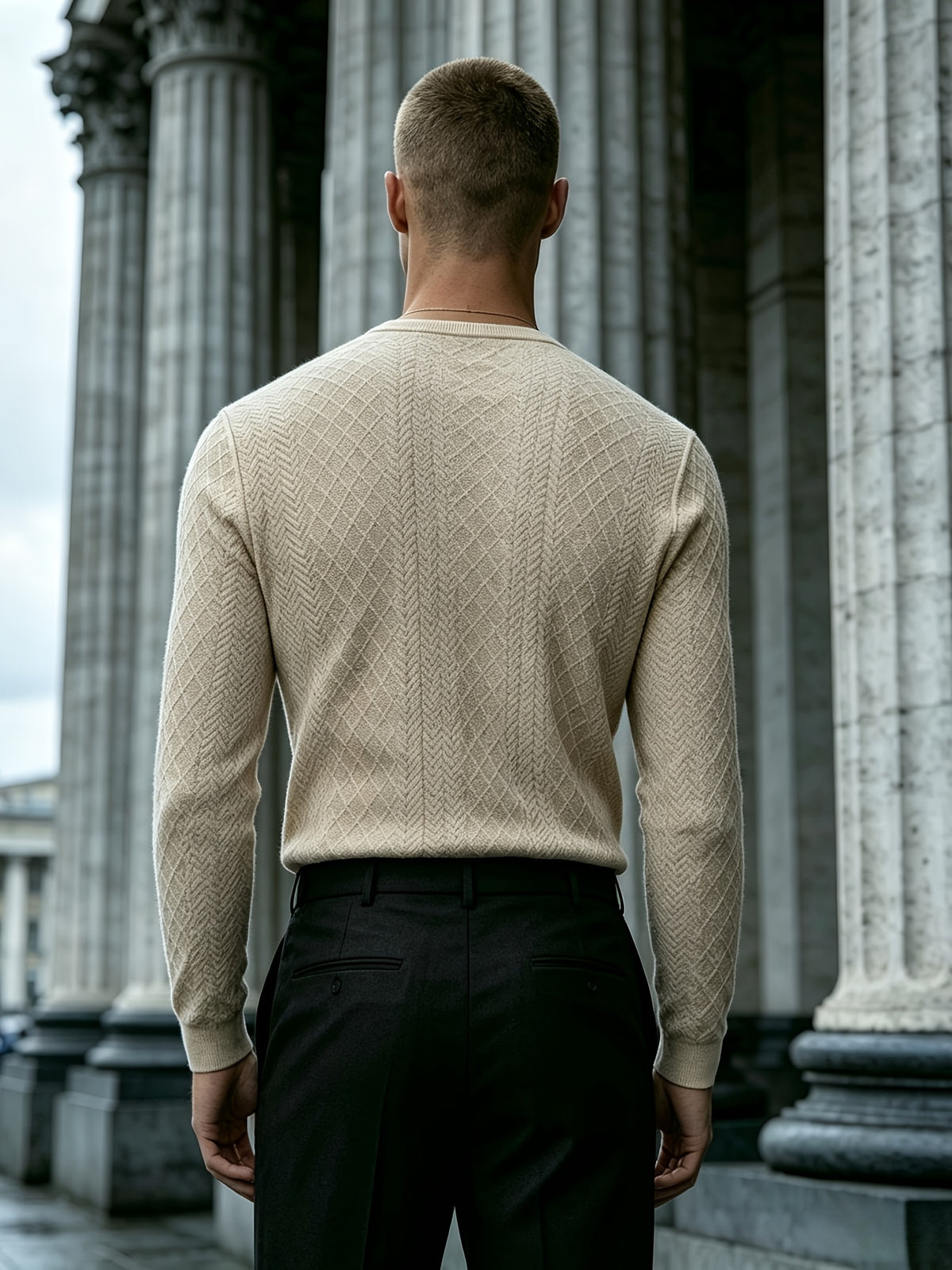 Joshmei OBM Black Friday Men's Dark Gray Geometric Knit Henley Neck Top, Diamond Weave Jacquard Pattern, Refined Casual Style, Autumn/Winter Slim Fit Long Sleeve Pullover, Suitable for Daily Commuting, Streetwear, and Weekend Gatherings - Khaki