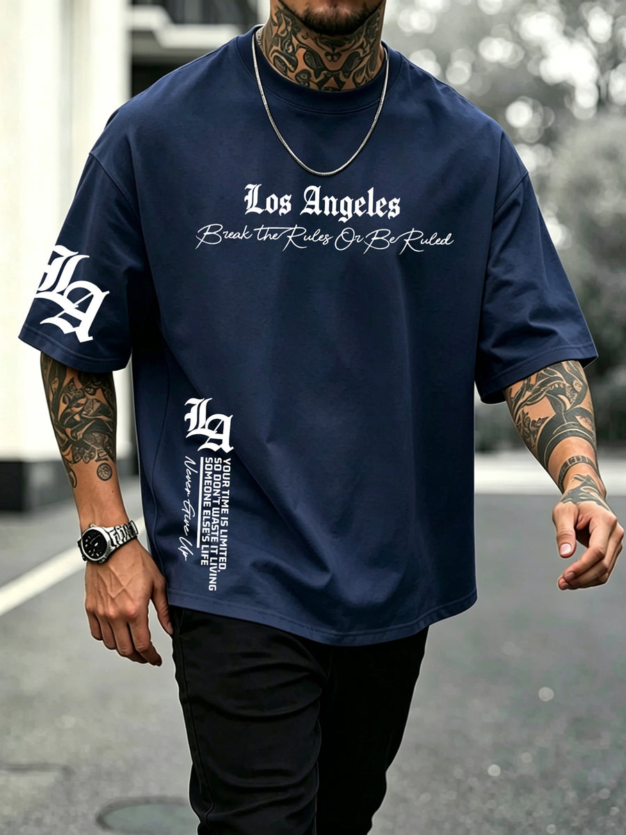 Men's 100% Pure Cotton T-Shirt, Los Angeles Letter Print, Comfortable and Breathable, for Spring/Autumn Casual Daily Wear - Navy blue color