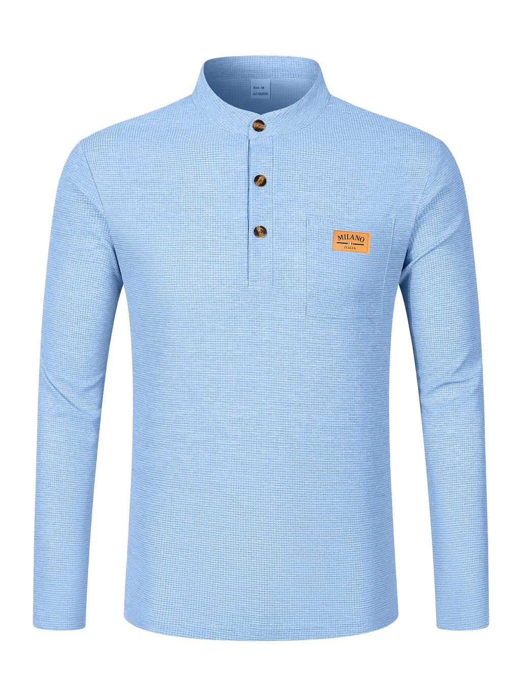 Maqiqi OBM Men's Fashion Waffle Knit Long Sleeve Henley Shirt, Stand Collar Button-Up Top with Chest Pocket and Positioned Printed LOGO, Casual Regular Fit Solid Color Spring/Autumn Daily Top - Light Blue