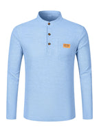 Maqiqi OBM Men's Fashion Waffle Knit Long Sleeve Henley Shirt, Stand Collar Button-Up Top with Chest Pocket and Positioned Printed LOGO, Casual Regular Fit Solid Color Spring/Autumn Daily Top - Light Blue