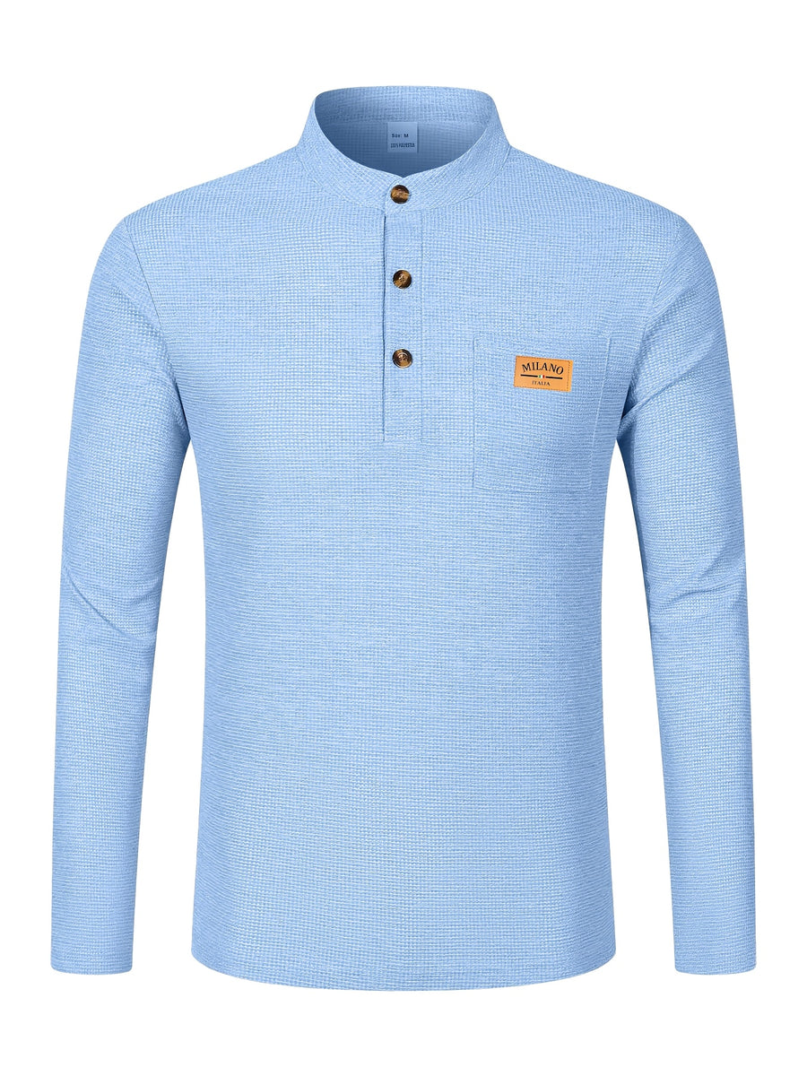 Maqiqi OBM Men's Fashion Waffle Knit Long Sleeve Henley Shirt, Stand Collar Button-Up Top with Chest Pocket and Positioned Printed LOGO, Casual Regular Fit Solid Color Spring/Autumn Daily Top - Light Blue