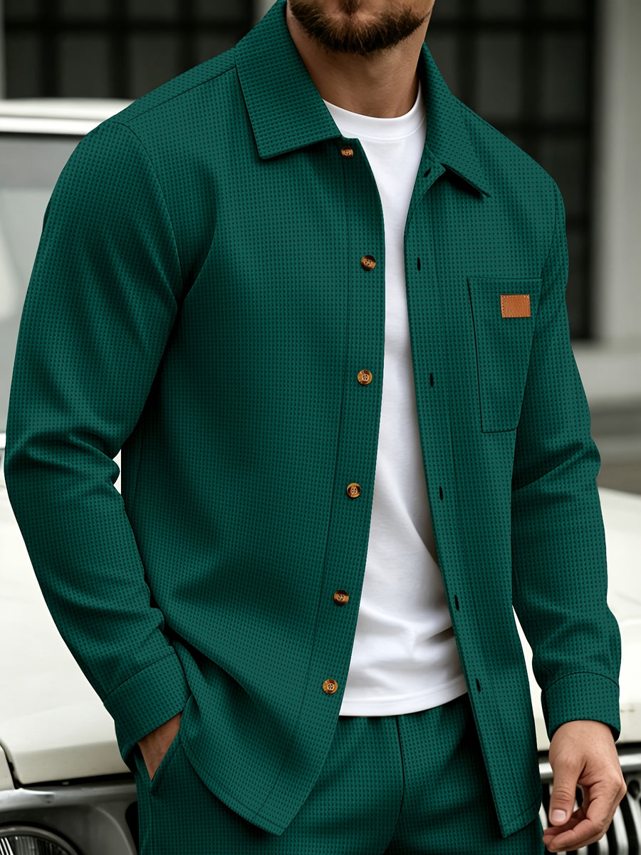 Men Fall Winter Waffle Knit Shacket, Long Sleeve Button Up Collared Shirt Jacket with Pocket, Casual Overshirt Outer Coat, Solid, Comfortable, Loose Fit - Dark Green
