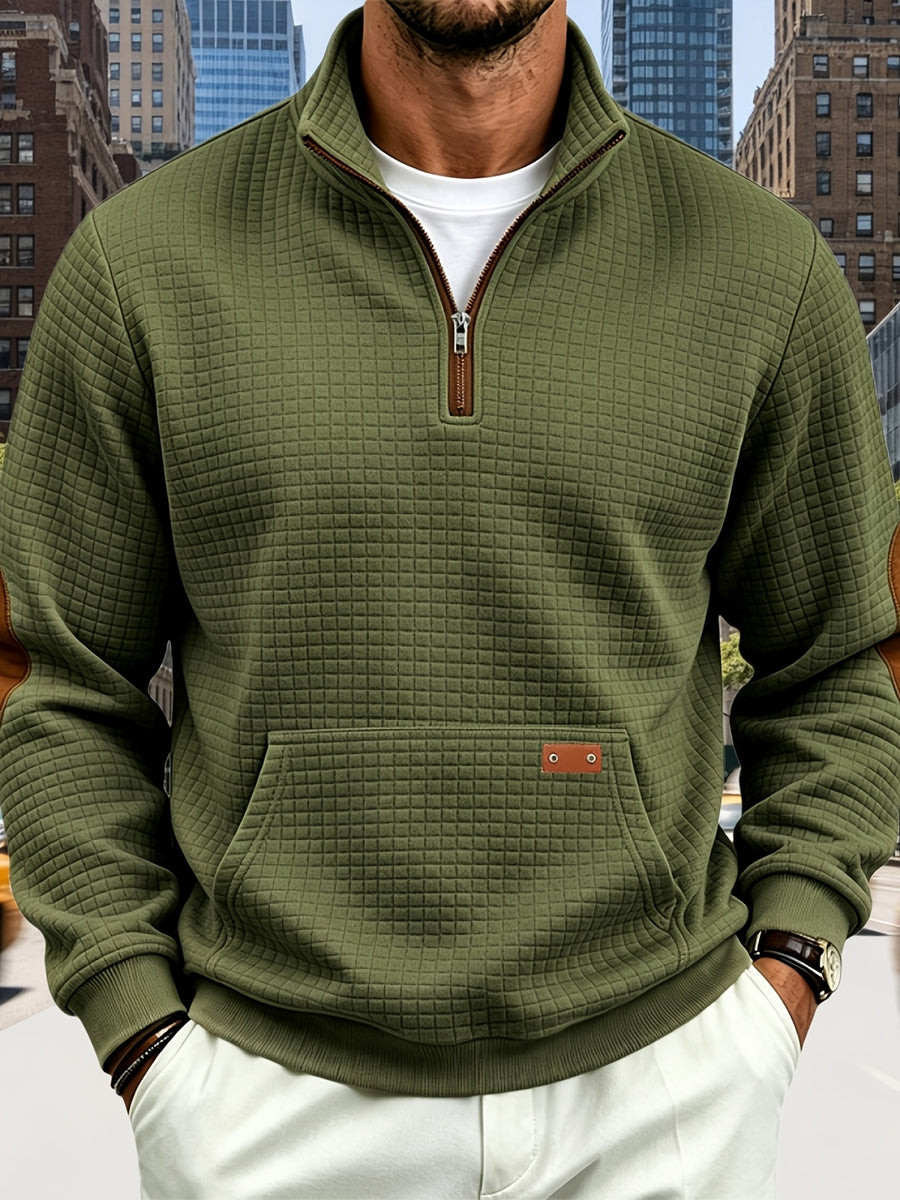 Men's Waffle Knit Casual Loose-Fit Long Sleeve Color-Block Stand Collar Half-Zip Autumn/Winter Sweatshirt - Military Green
