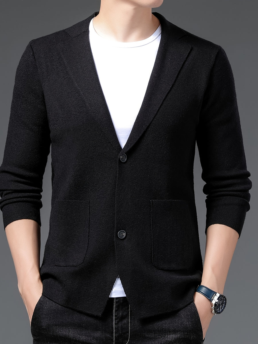 [Starry Prosperity] Men'S Solid Color Cardigan Long Sleeve Casual Knit Blazer for Fall/Winter - Black