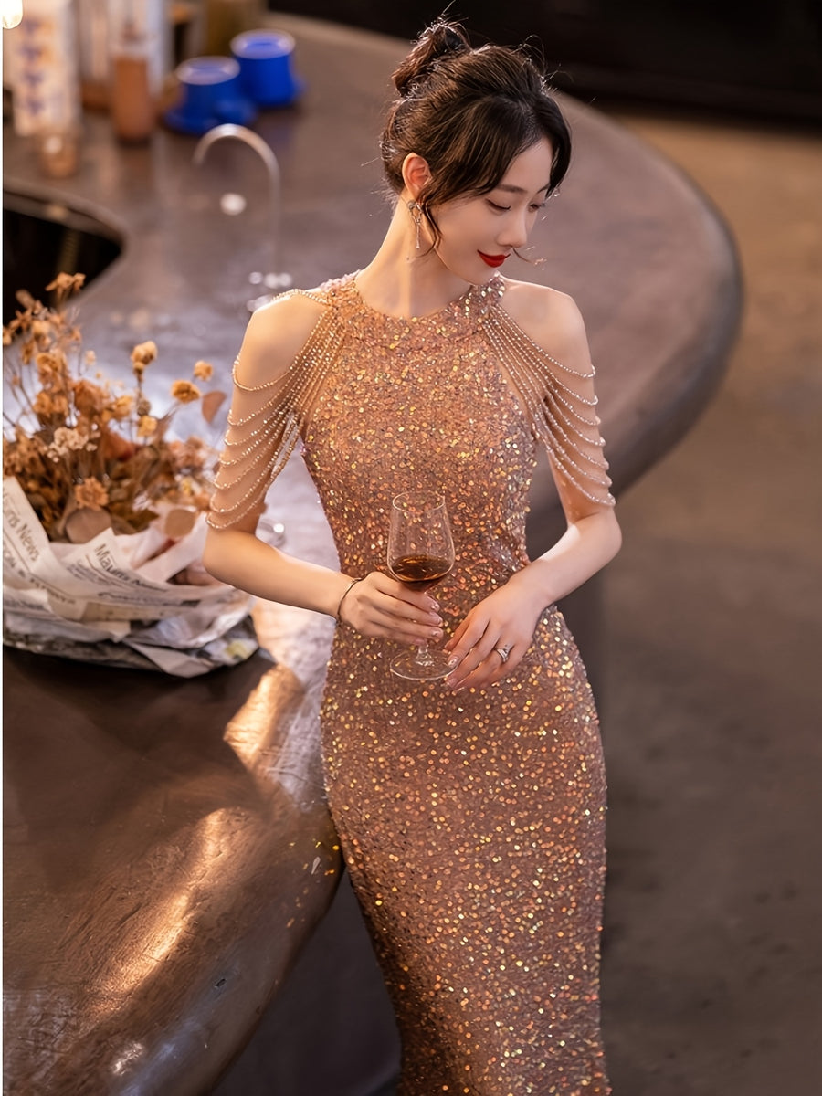 Stunning Evening Gown Women'S New High-End Light Luxury Niche Premium Sense Banquet Annual Meeting Temperament Socialite Fishtail Dress Host Adult Ceremony Graduation Gift Party Dress Dress - Rose Golden