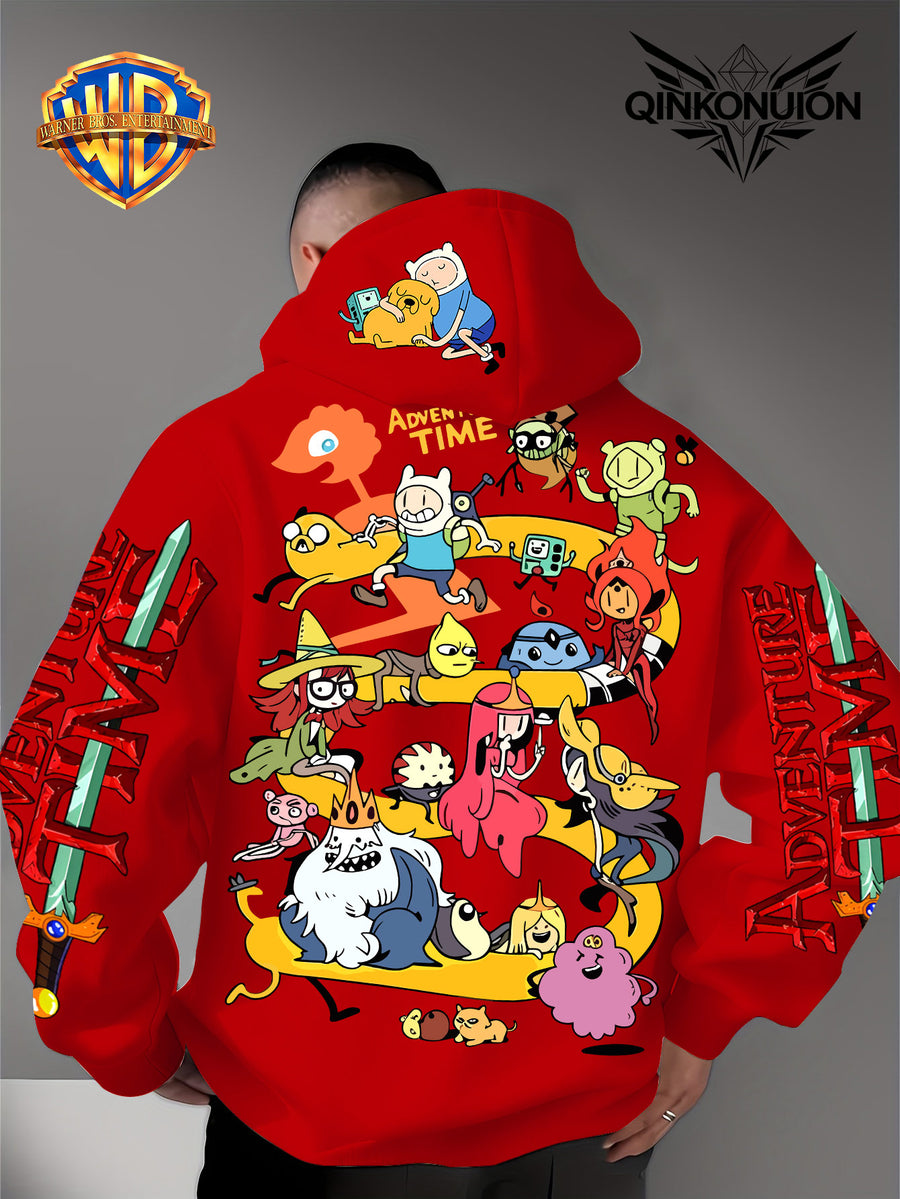 Warner Official Men's Hoodie, Adventure Treasure Full Character Gathering Adventure Print Design, Machine Washable, Warm and Casual for Autumn and Winter, Daily Drawstring Hoodie, Multifunctional Sports and Casual Loose Fit - Red