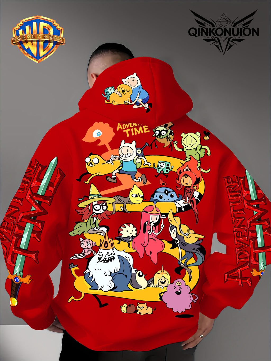 Warner Official Men's Hoodie, Adventure Treasure Full Character Gathering Adventure Print Design, Machine Washable, Warm and Casual for Autumn and Winter, Daily Drawstring Hoodie, Multifunctional Sports and Casual Loose Fit - Red