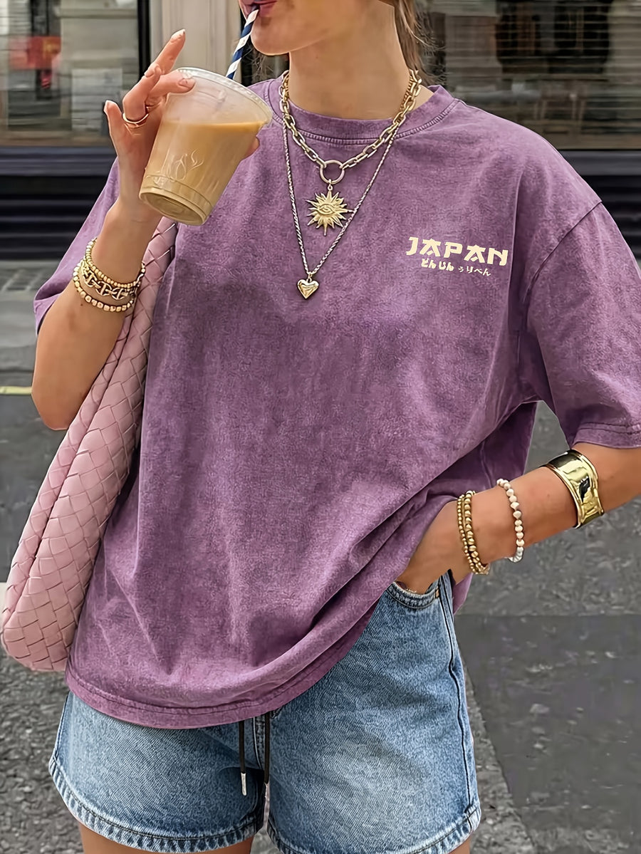 2026 Fashionable Trendy New Distressed Design Japanese Crane Pine Branch Print American Vintage Street Style Women'S Distressed All-Match Casual Retro Short Sleeve T-Shirt - Purple
