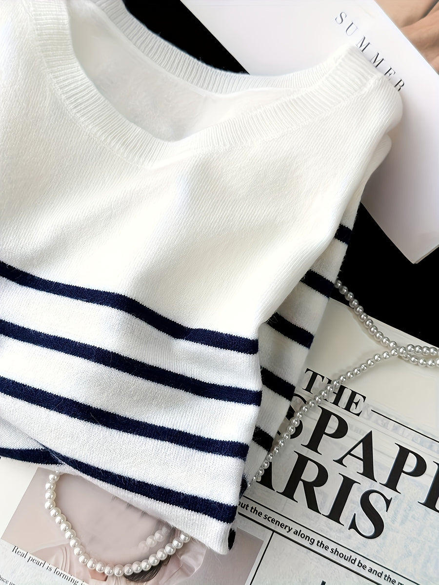 2026 New Women'S Summer Clothing Striped Short-Sleeved Top - Elegant Round Neck Color Block Design, Breathable Spring/Summer Casual/Formal Wear, Versatile Slim Fit T-Shirt, Everyday Fashion - White