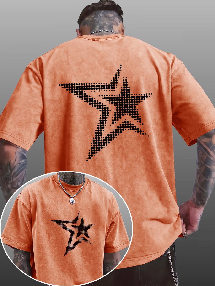 Men's Short-Sleeve T-Shirt, Pure Cotton Loose Fit Washed Distressed Half-Sleeve Top, Dot Matrix Overlapping Double Five-Star Trendy Reverse Double-Sided Print, Multiple Colors for Mix & Match, American Streetwear High Street Hip-Hop Y2K National - Orange