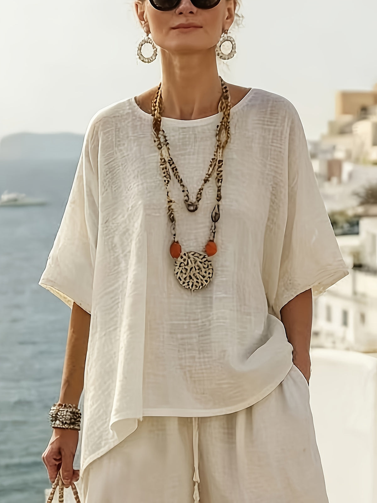 Greek Vacation Style Shirt, Summer Loose & Slim-Fit, Lazy Casual, Breathable for Daily Commute - Apricot