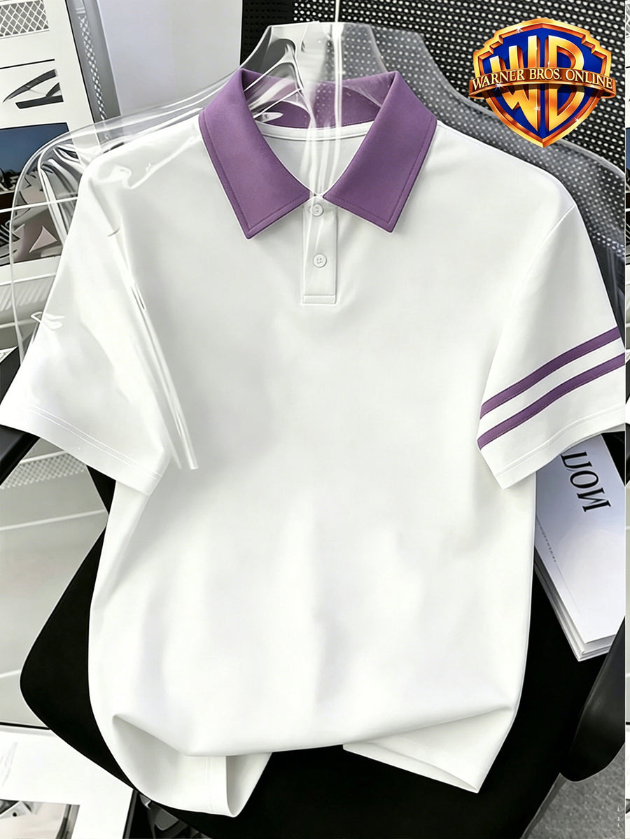 1pc, American Retro Easy Style Versatile Polo Shirt, Preppy Casual Couple Short Sleeve Top, Summer Daily Outing, Campus Wear, Student Couple Choice - Unisex - Violet