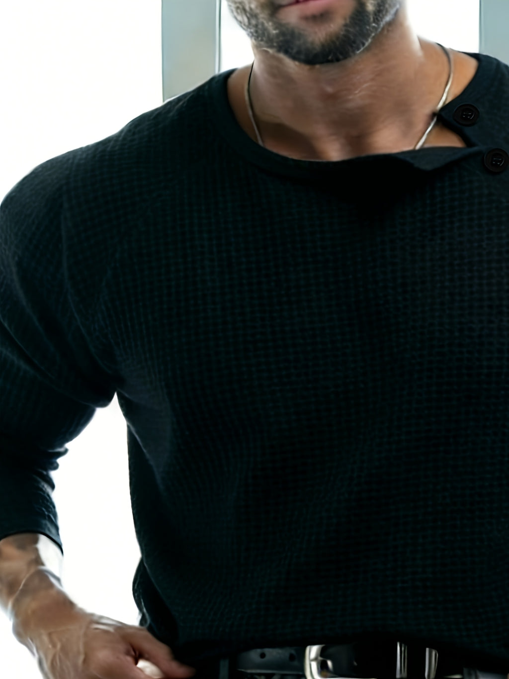 Joshmei OBM Men's Waffle Knit Slim Fit Versatile T-Shirt, Autumn/Winter Sporty Casual Side Button Design Crew Neck Long Sleeve Top - Black