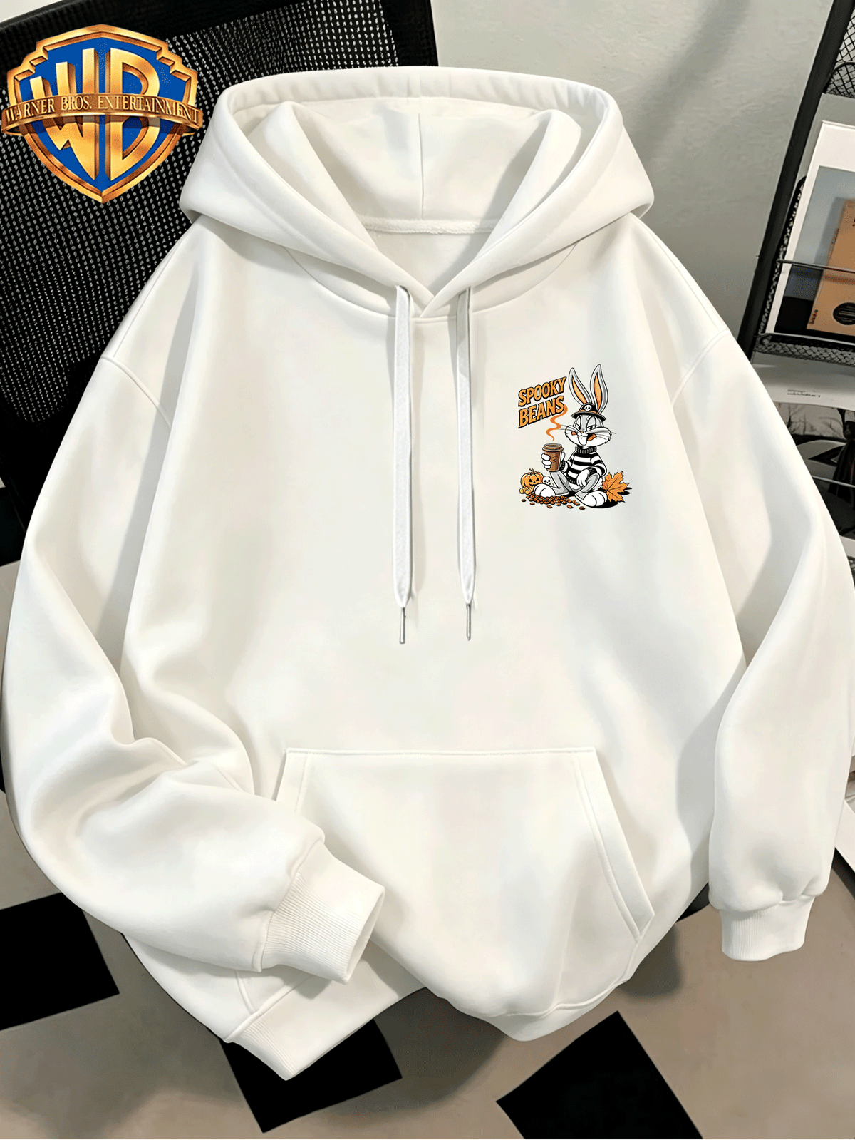 Fashion Hip Hop Print Fashion Brand Casual Versatile Sports Drawstring Pocket Hooded Men'S Sweater, Men'S Autumn And Winter Cute Casual Style, Sports Style Fashion Loose Hoodie, Daily Casual Wear - White