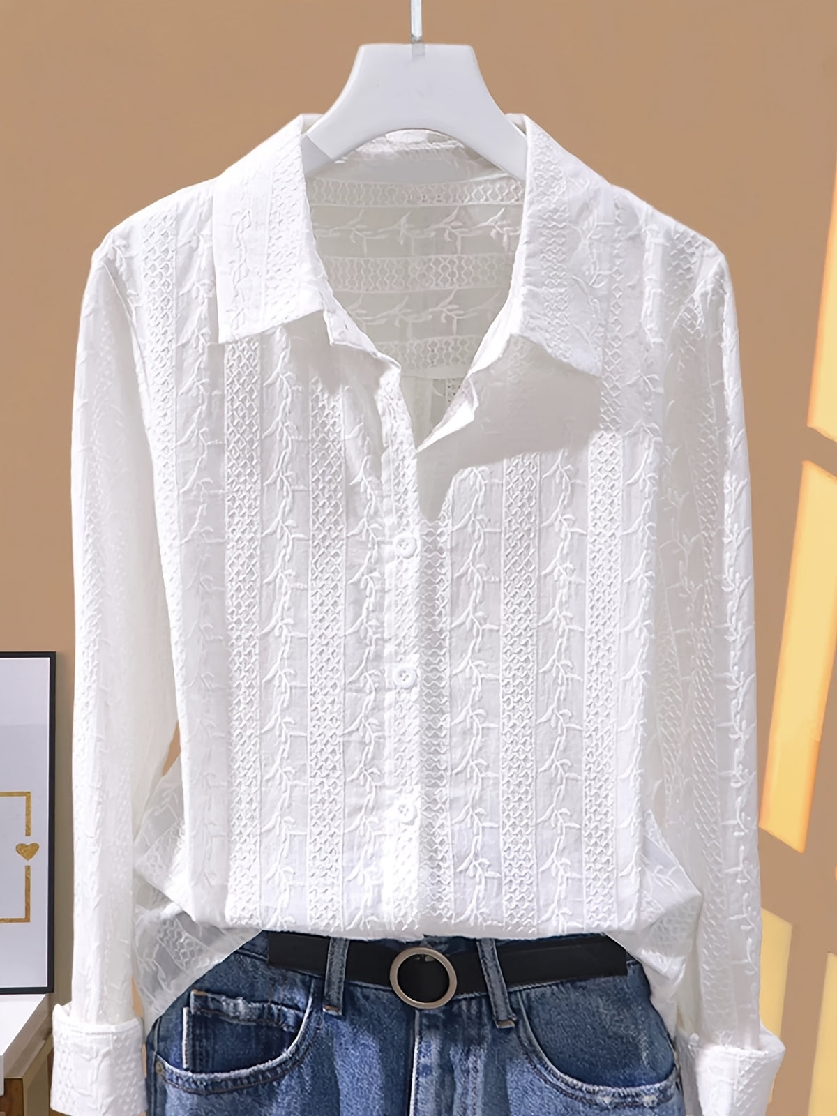 Fashionable and Versatile Polo Collar Shirt for Women, New Spring/Autumn Casual Simple Embroidered Base Layer Top - White