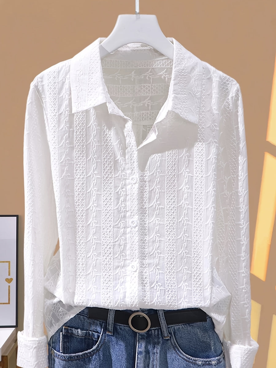 Fashionable and Versatile Polo Collar Shirt for Women, New Spring/Autumn Casual Simple Embroidered Base Layer Top - White