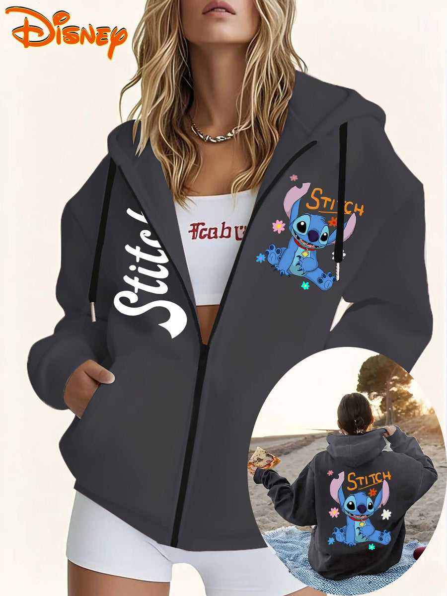 Disney Licensed Women'S Casual Hooded Sweatshirt with Prints And Text, Stitch Cartoon Character with Floral Elements, Disney Multiple Print Women'S Hooded Sweatshirt, Women'S Drawstring Hooded Sweatshirt with Pockets - Dark Gray