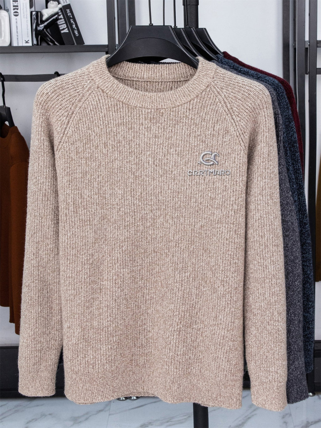 Men's ZBZP 3D Solid Color Knit Sweater - Thick Warm Crewneck Pullover Sweater Suitable for Fall/Winter, Casual Long-Sleeve Basic Sweater for Office & Casual Attire, Hand Washable Solid Color Round Neck Knitwear - Light Rice Brown