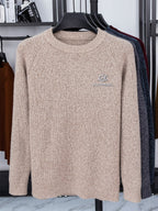 Men's ZBZP 3D Solid Color Knit Sweater - Thick Warm Crewneck Pullover Sweater Suitable for Fall/Winter, Casual Long-Sleeve Basic Sweater for Office & Casual Attire, Hand Washable Solid Color Round Neck Knitwear - Light Rice Brown