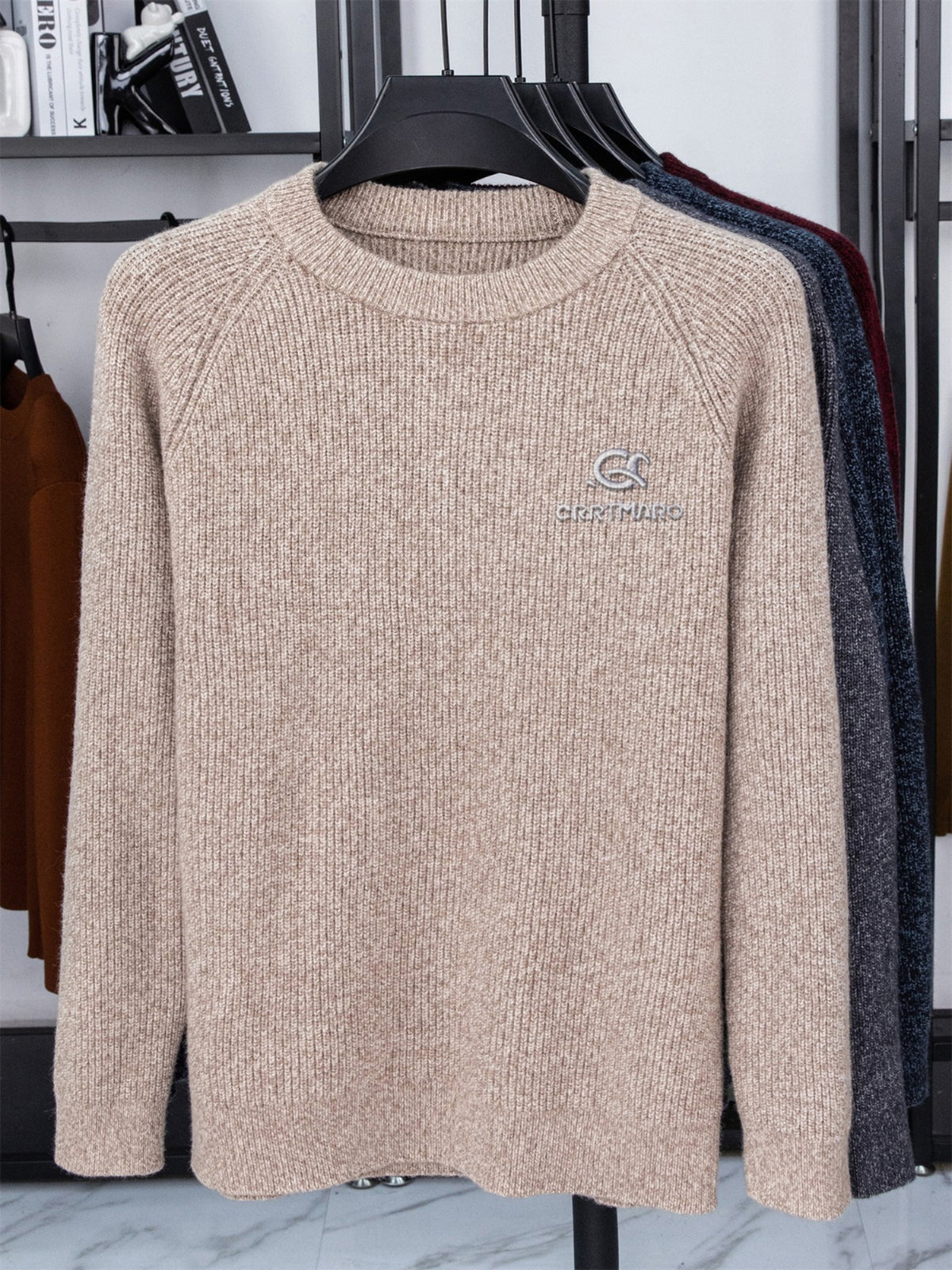 Men's ZBZP 3D Solid Color Knit Sweater - Thick Warm Crewneck Pullover Sweater Suitable for Fall/Winter, Casual Long-Sleeve Basic Sweater for Office & Casual Attire, Hand Washable Solid Color Round Neck Knitwear - Light Rice Brown