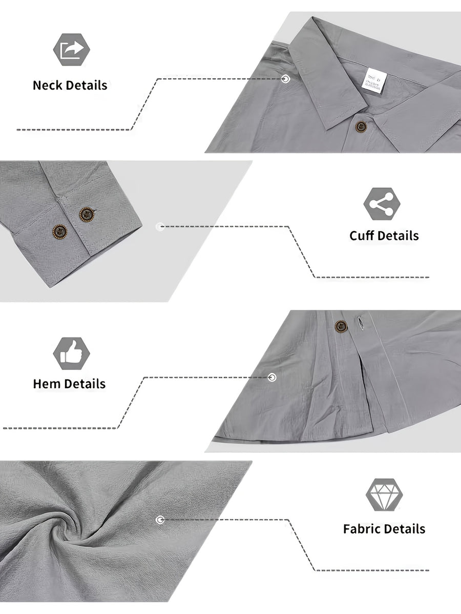 Spring/Autumn Men'S Henley Shirt Linen Long Sleeve, Comfortable And Breathable Fabric, Suitable for Daily Outings, Outdoor Sports, Travel, And Vacation, Lightweight And Breathable Regular Fit with Chest Pocket And Buttoned Cuffs, Ideal for Beach - Grey
