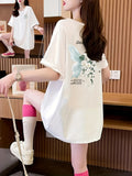 Women's Oversized Short-Sleeve T-Shirt with Double-Sided Butterfly Print - Soft Breathable Polyester Blouse-Compatible Top | Round Neck Loose Fit Casual Shirt Suitable for Spring/Summer Casual Attire, Machine Washable - White