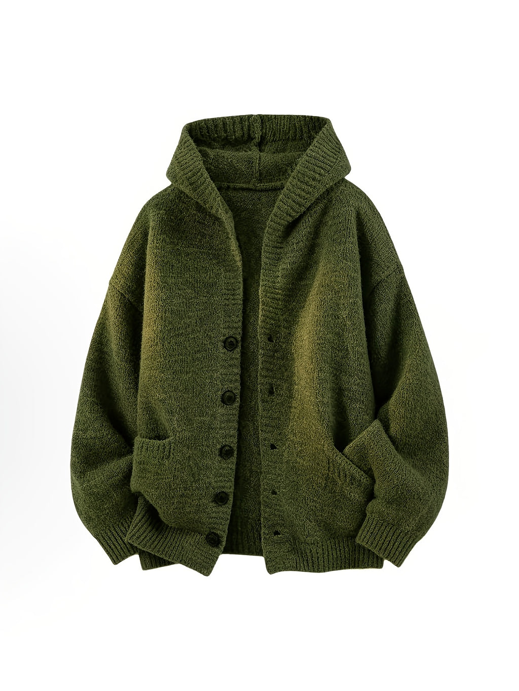 Retro Solid Color Single Button Hooded Cardigan Sweater, Loose Casual Style Versatile Outerwear Knit Top - fern green