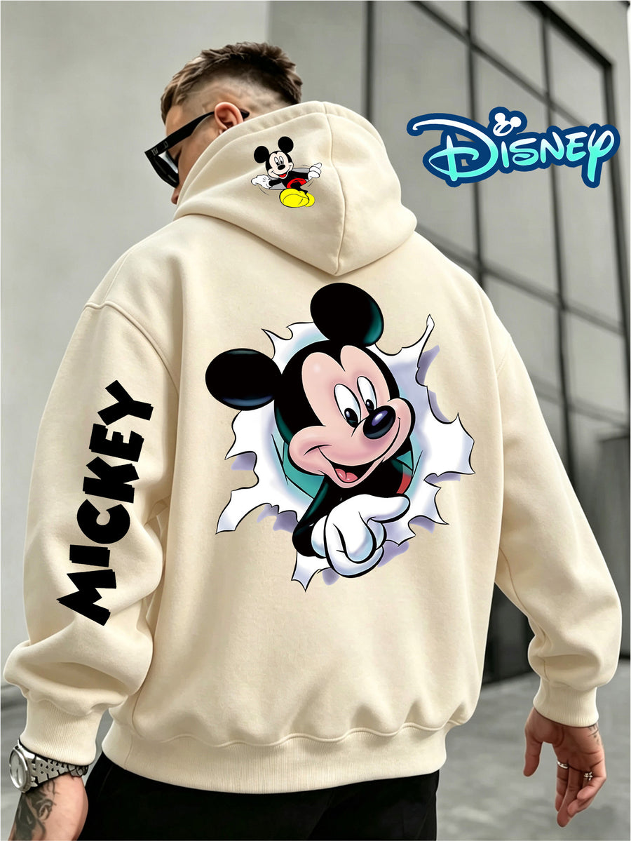 Disney, Fashionable and Trendy Multi-color Hoodie with a Ripped Paper Peek-a-boo Wink Mickey Mouse Pattern Print, Autumn and Winter Men's Loose Long-sleeved Hoodie, First Choice for Couples - Apricot