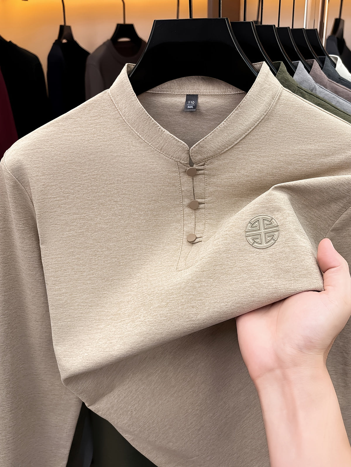Men's Long-Sleeve T-Shirt with Chinese-Style Stand-Up Collar and Three Buttons, Spring/Autumn Fit Style Casual Base Layer Top - Khaki